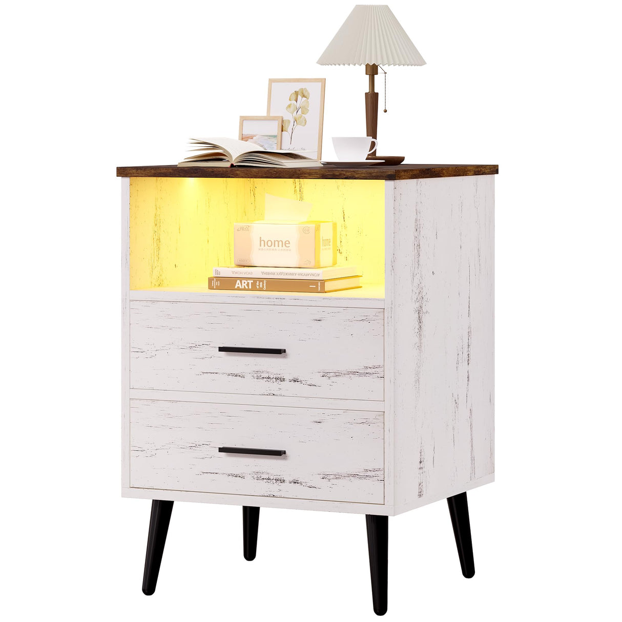 LED Night Stand with Charging Station, 3 Colors Dimmable Lights, Bedroom Modern
