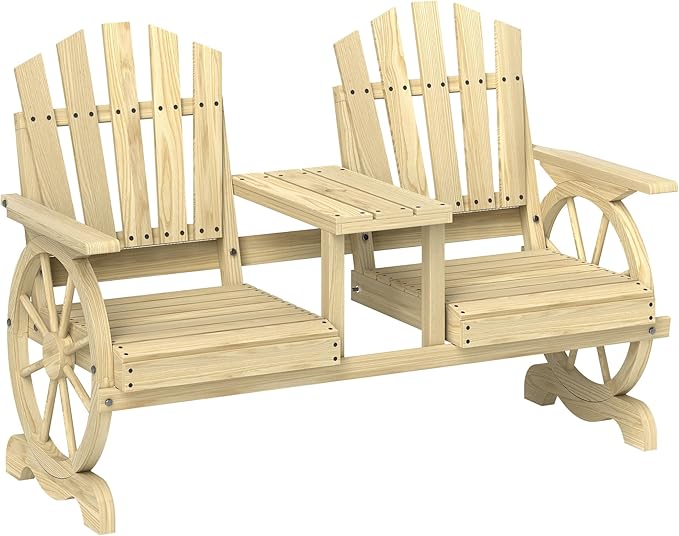 Wooden Garden Bench with Table, Umbrella Hole, 2-Seat Wagon Wheel Outdoor Bench