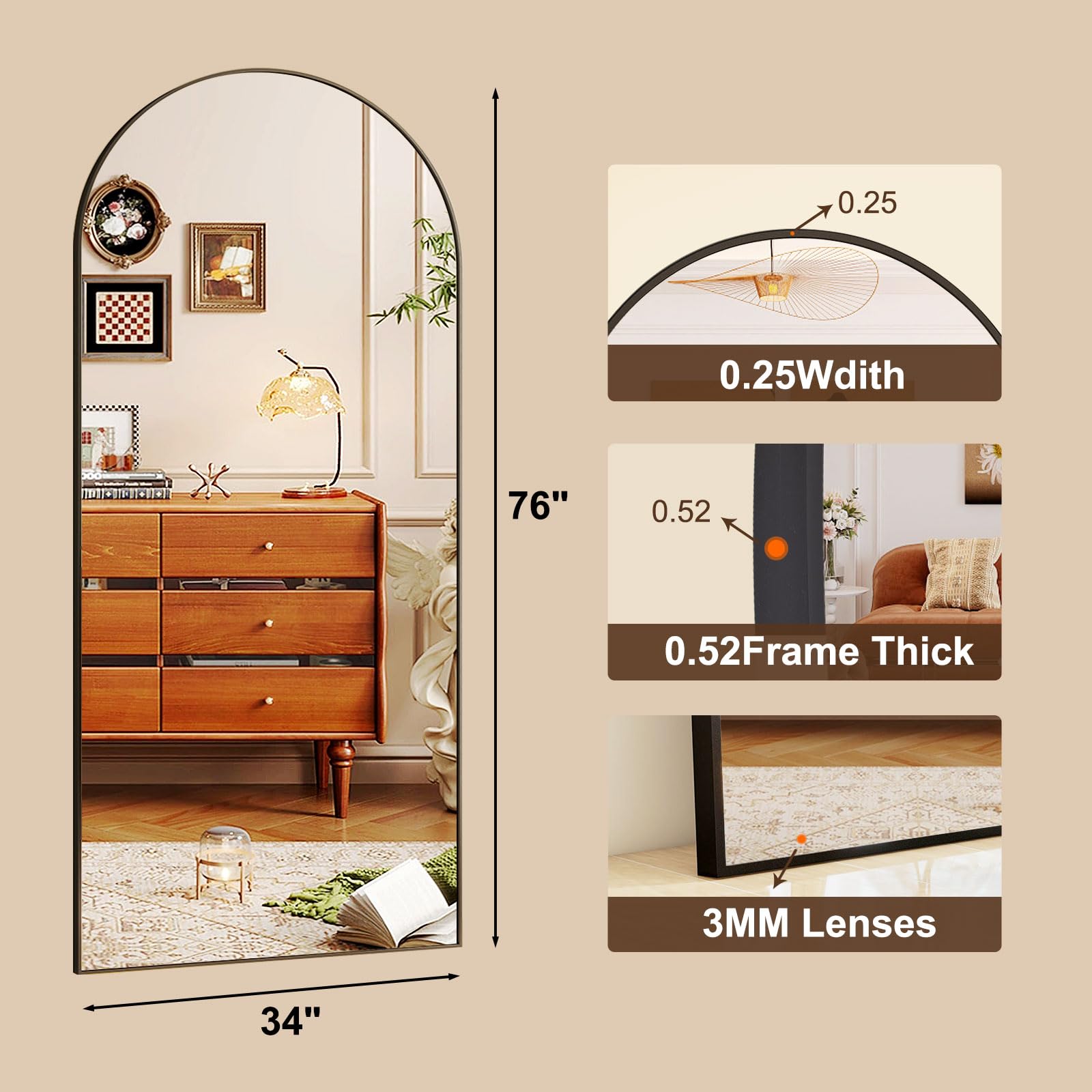 76"x34" Arched Full Length Mirror Free Standing Leaning Mirror Hanging Mounted