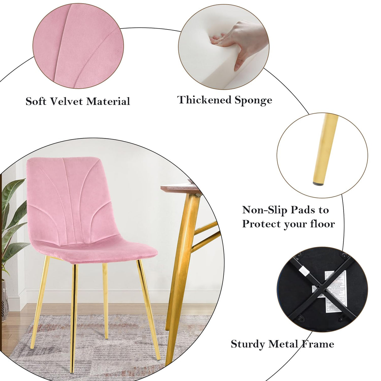 Velvet Dining Chairs Set of 4 - Modern Pink Upholstered Kitchen Chairs with Metal Legs