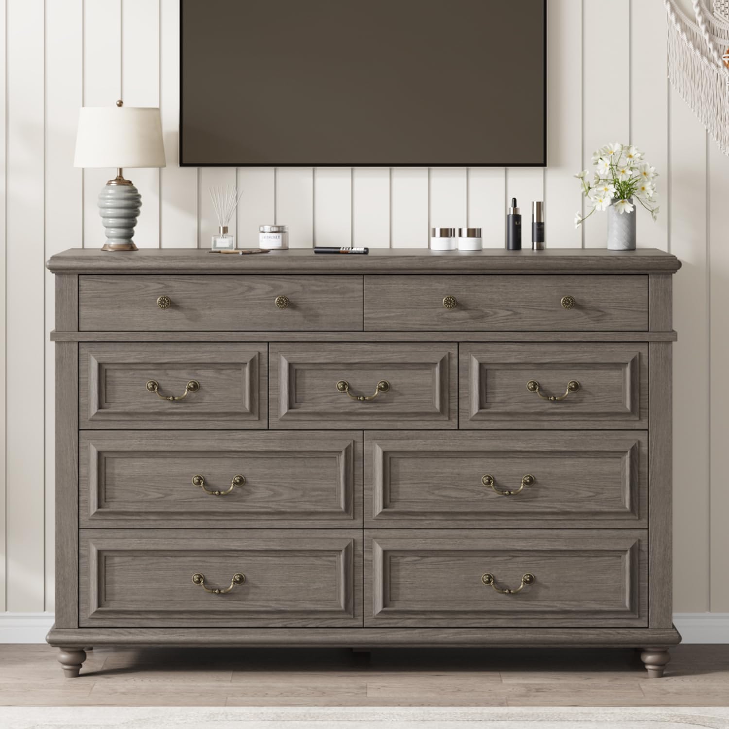 Grey Farmhouse 9 Drawer Dresser for Bedroom - Big Double Wooden Dresser Chest