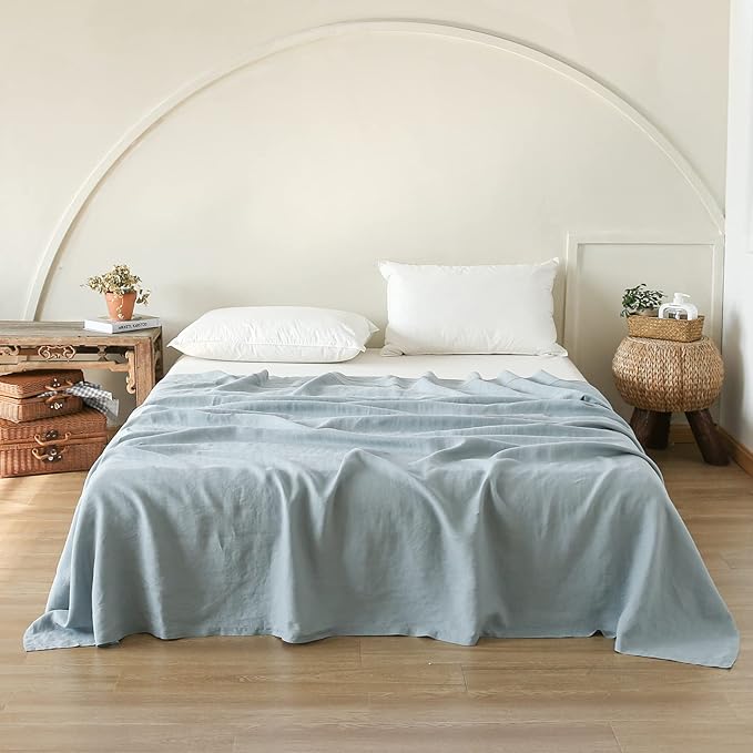 French Linen Flat Sheet with Embroidered Border-100% Stone Washed Flax Bedding,