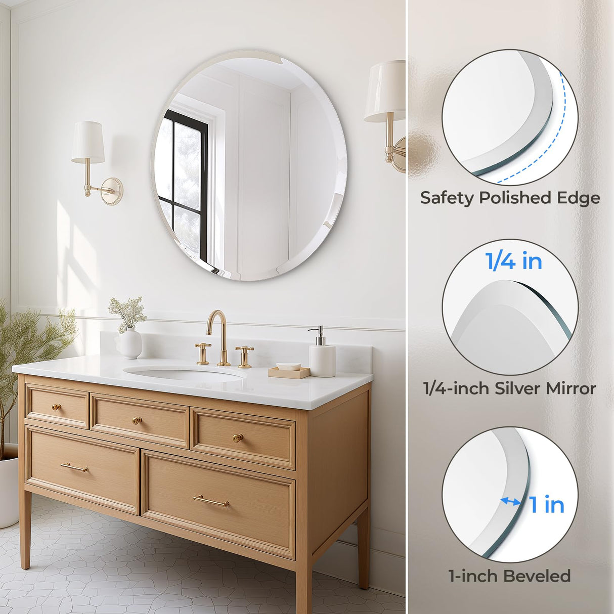 Round Frameless Wall Mirror with Beveled Edge - Circle Mirror for Bathroom & Vanity,