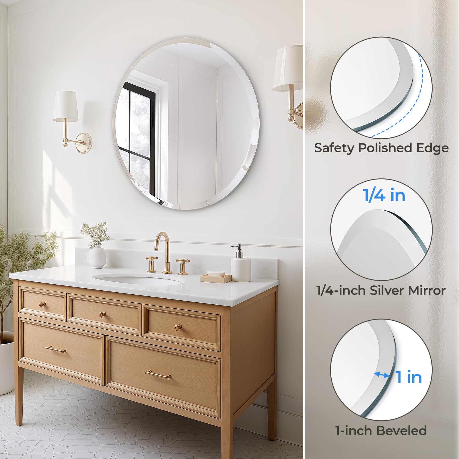 Round Frameless Wall Mirror with Beveled Edge - Circle Mirror for Bathroom & Vanity,