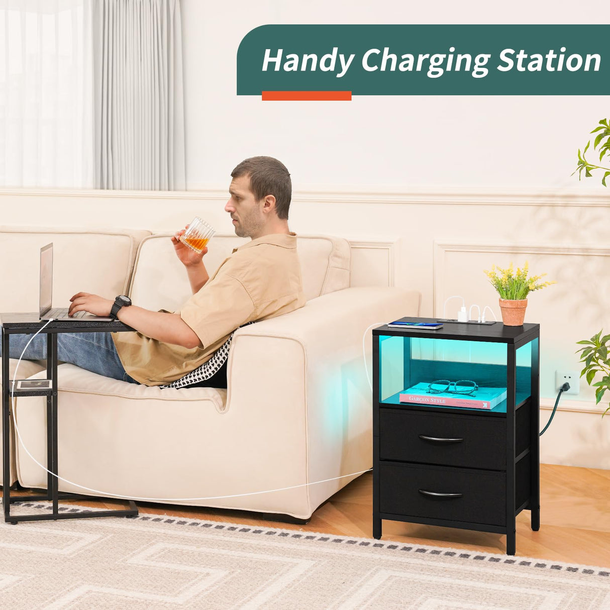 Nightstand with Charging Station, LED Night Stand with Fabric Drawers tlets