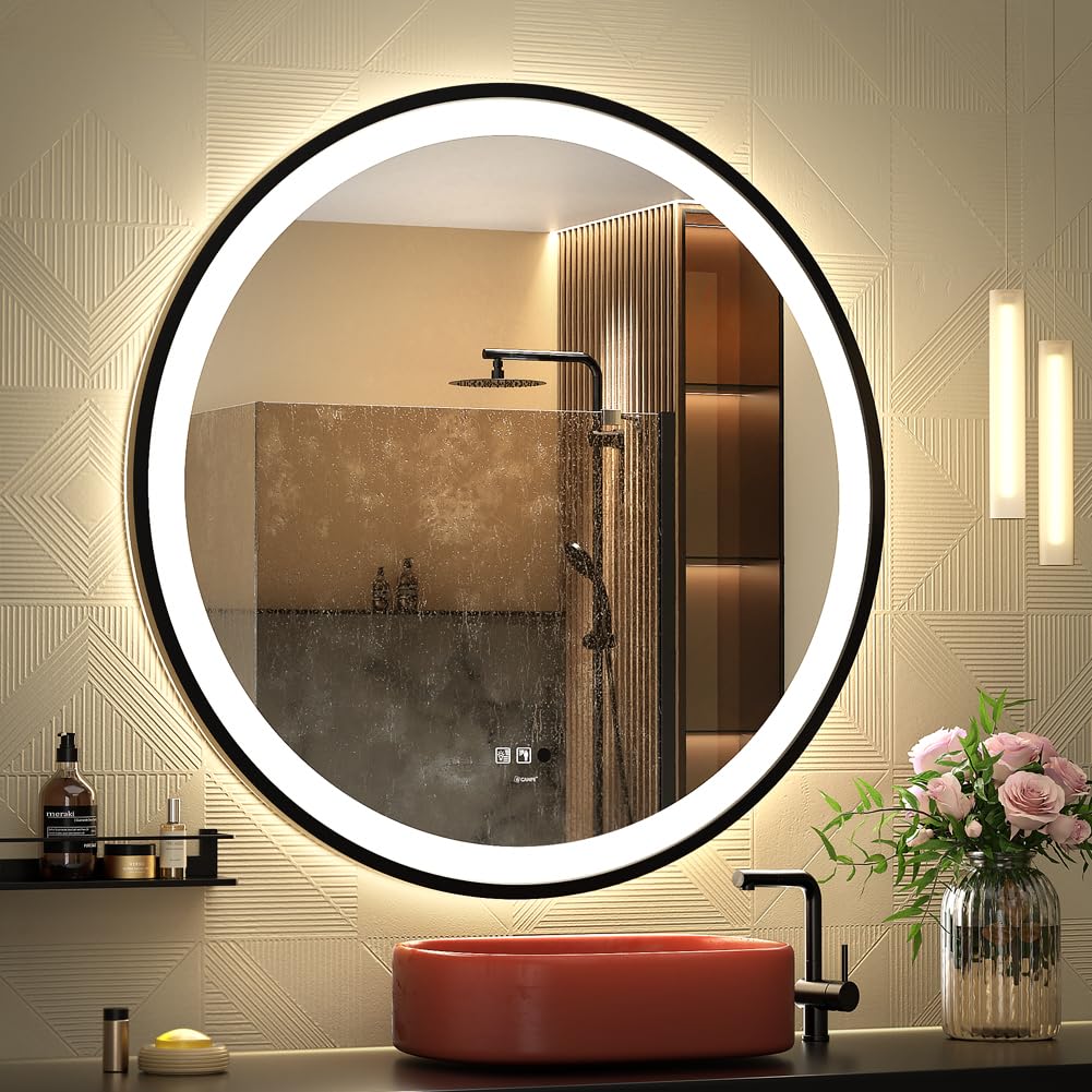 Round LED Sensor Mirror with Dimmable Anti-Fog - 28" Black Frame
