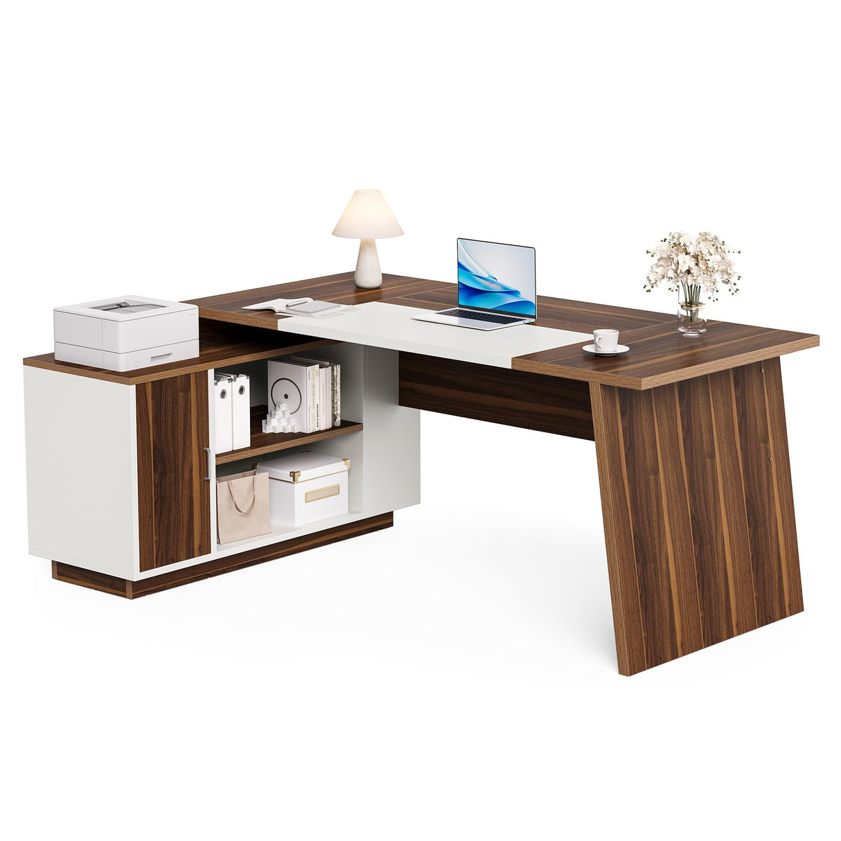 70.5-Inch Executive Desk, Large Home Office Desk with Storage Cabinet and Open Shelves,