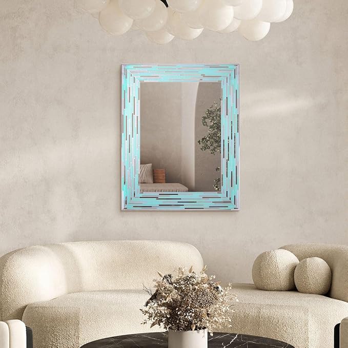 24"x30" Reeded Tiled Sea Glass Aqua Blue Vanity Mirror for Bathroom Wall
