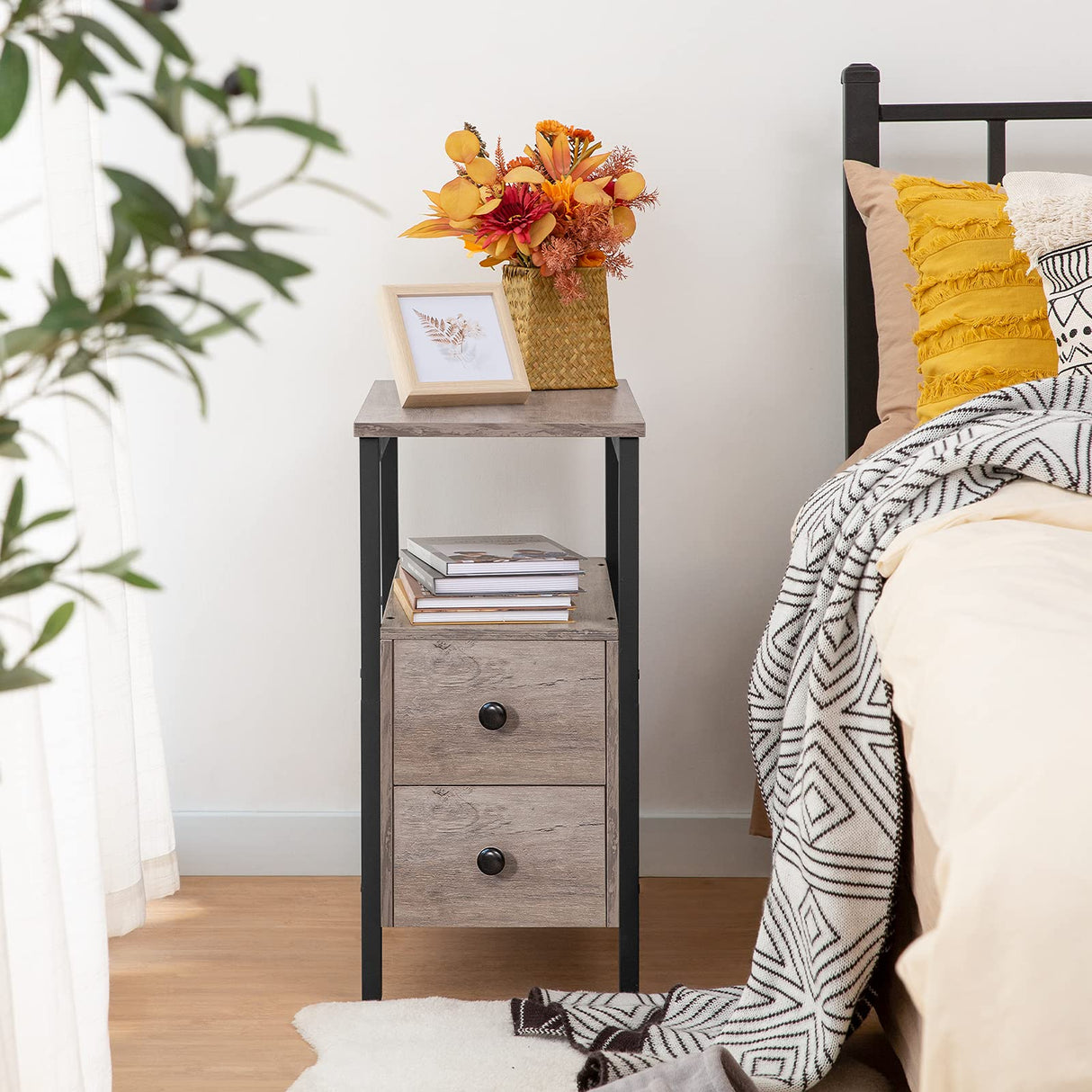 End Table Set of 2, Side Table with 2 Drawer and Open Shelf, Narrow Nightstand