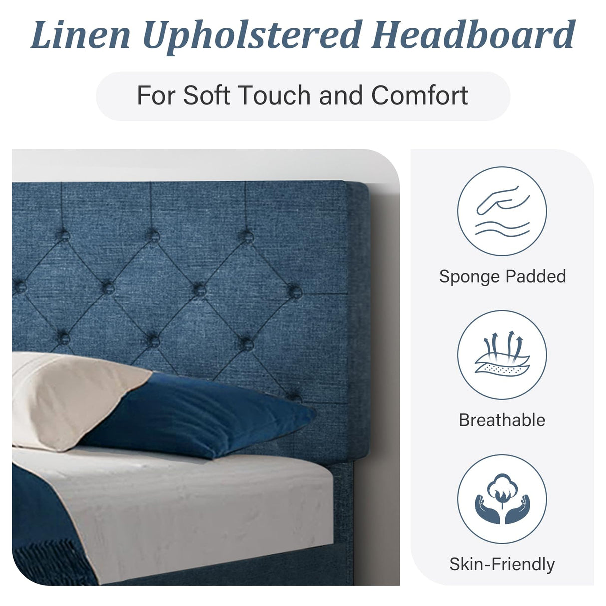 Full Size Bed Frame with Button Tufted Headboard, Upholstered Platform Bed with Wooden Slats Support, No Box Spring Needed, Easy Assembly, Navy Blue