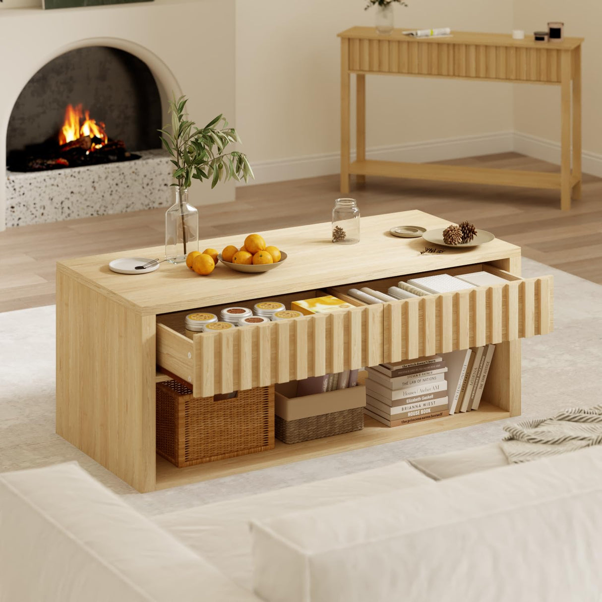 Natural Wood Coffee Table with Storage, 47.2" Coffee Table with 2 Fluted