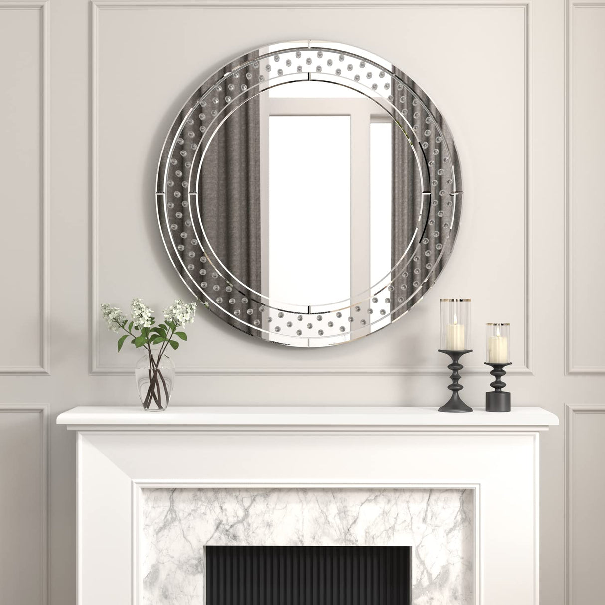 Round Decorative Wall Mirror - 31.5 x 31.5 in Floating Crystal Accent Large Mirror