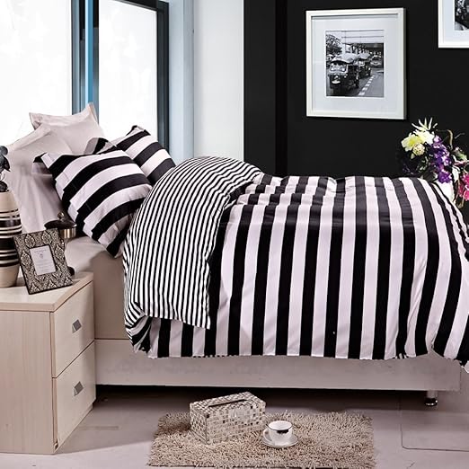3 Pieces 100% Brushed Microfiber Striped Duvet Cover Set, Super Soft Black and