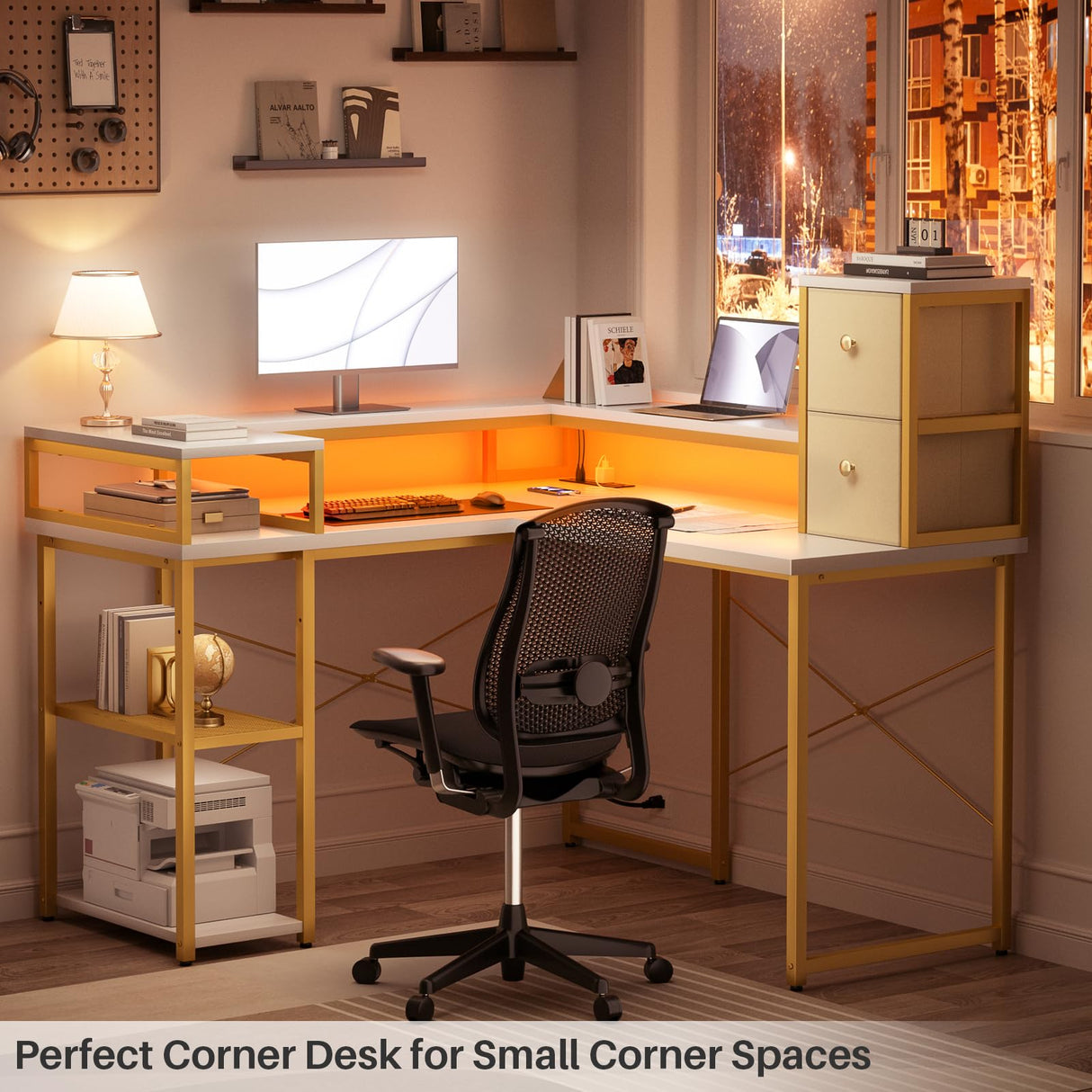 with Drawers, Reversible Corner Computer Desk with LED Lights & Power