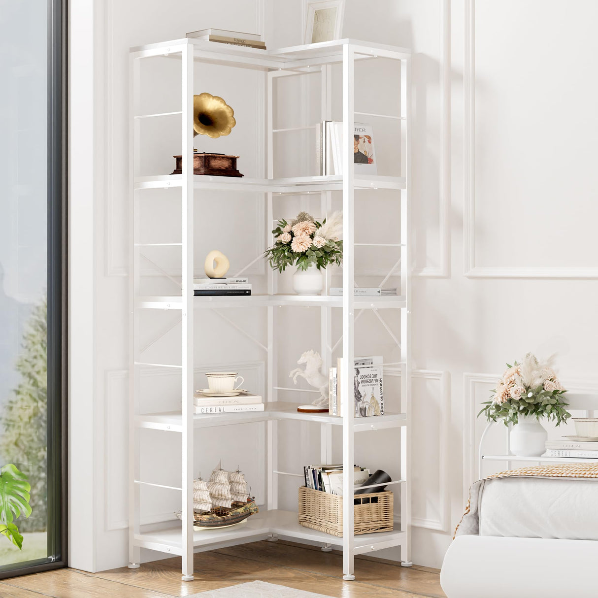 5-Tier Corner Bookshelf, 70.86" Tall Corner Bookcase,5-Shelf Modern L-Shaped Coner Shelf with Metal Frame for Home Office,Living Room,Bed Room(White)