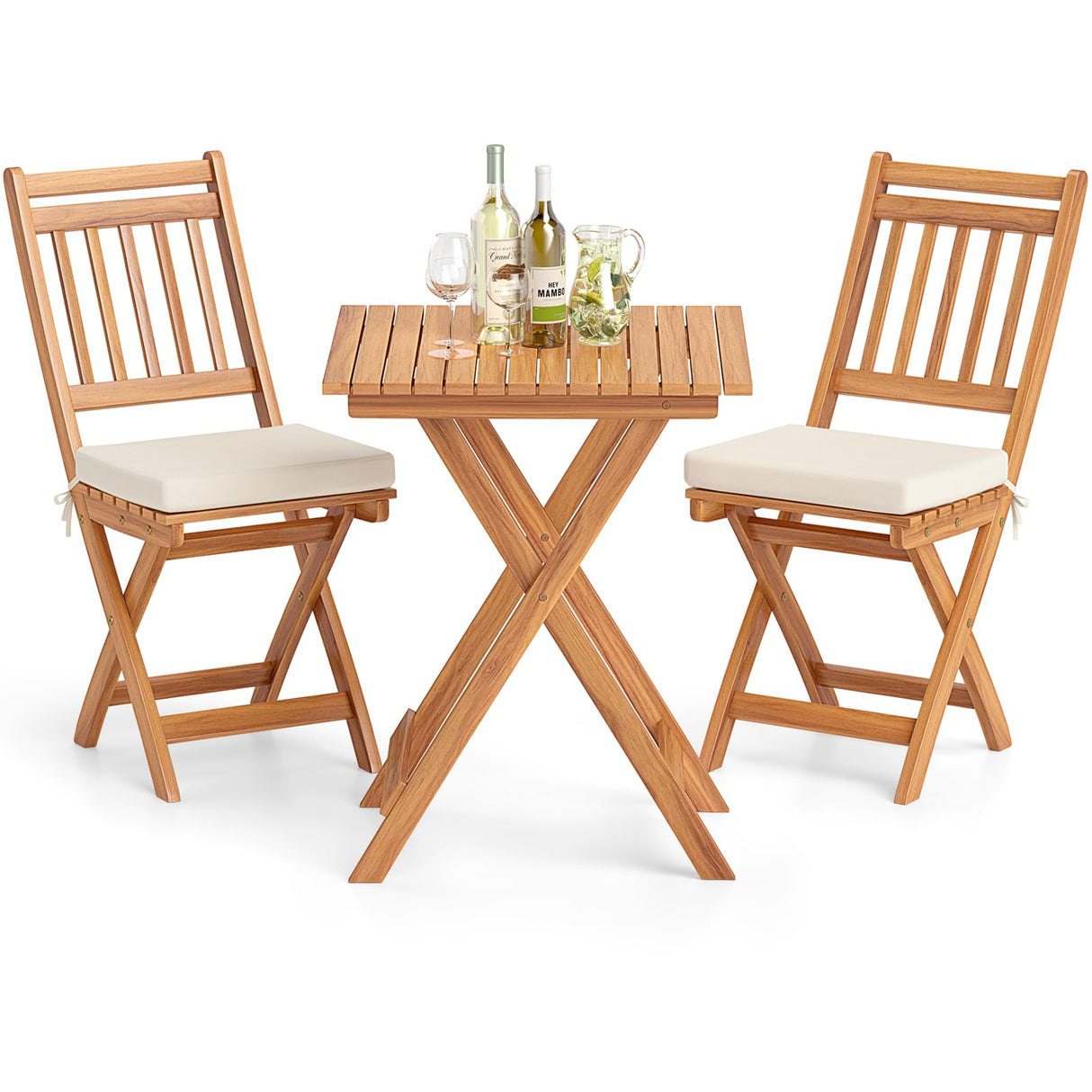 Acacia Wood Patio Bistro Set of 3, Outdoor Folding Chair Table Set with Soft Seat Cushions