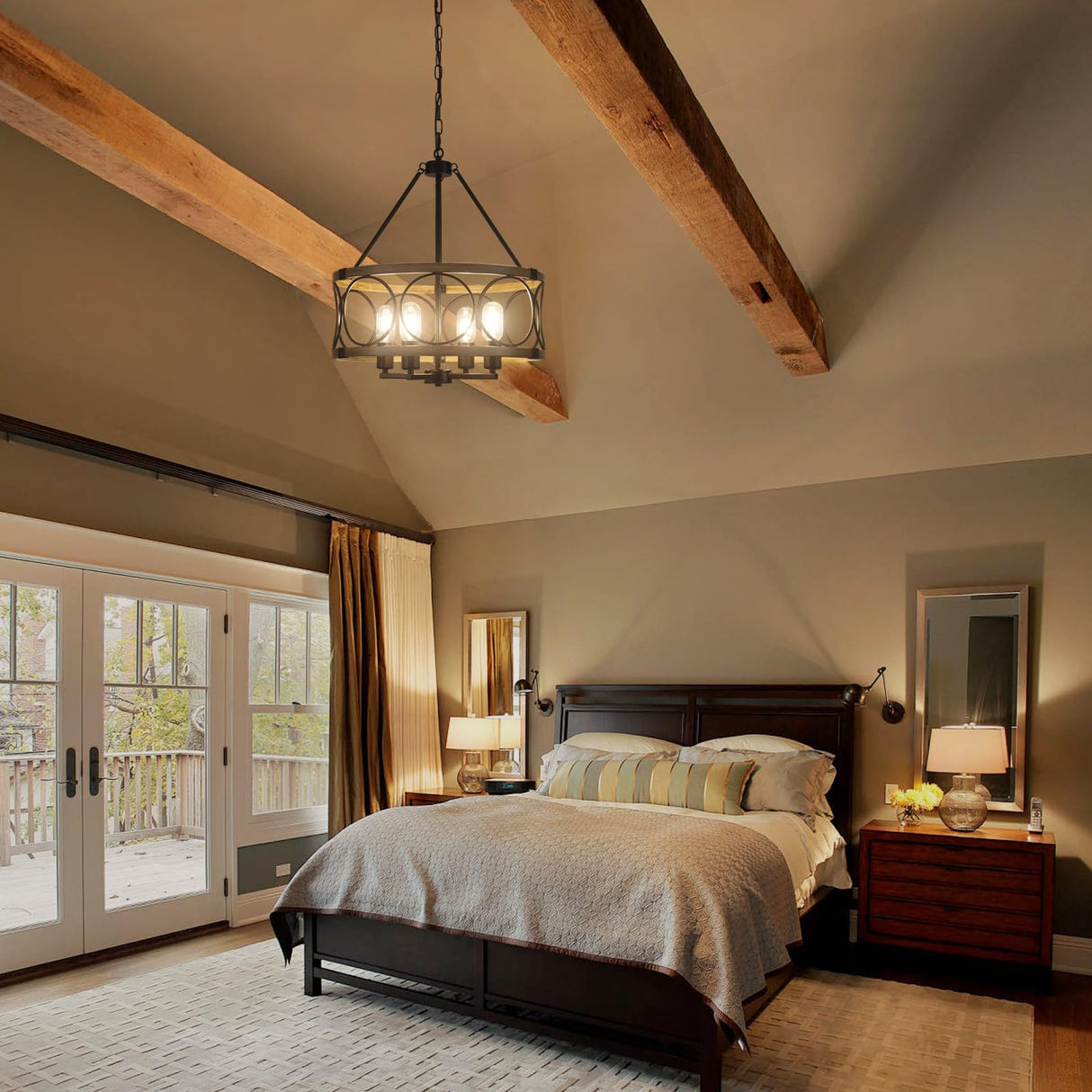 4-Light Farmhouse Chandelier, Rustic Faux Wood Chandeliers Dining Room Light Fixture