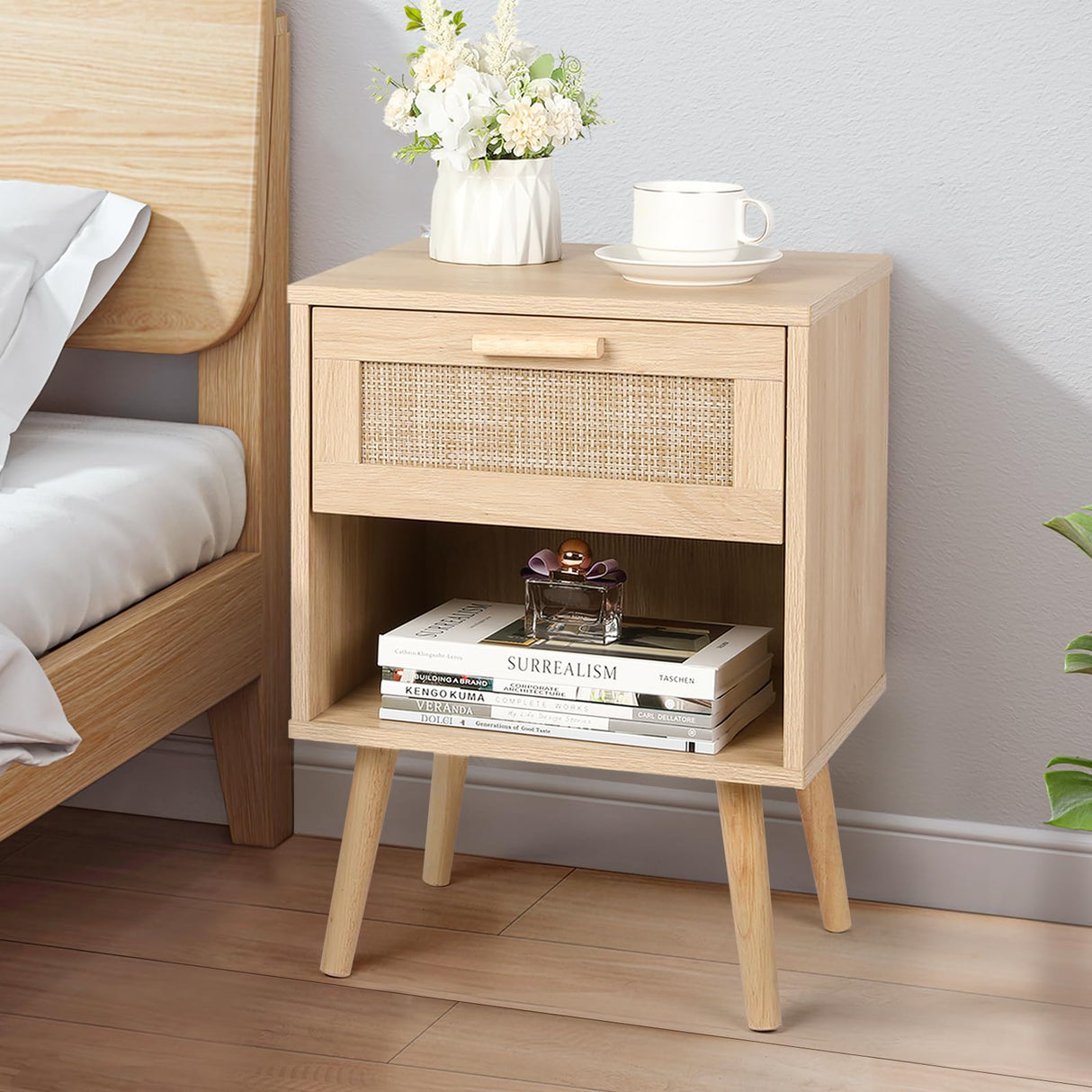 Rattan Nightstand, Night Stands with Hand Made Rattan Decorated Drawer, End Table