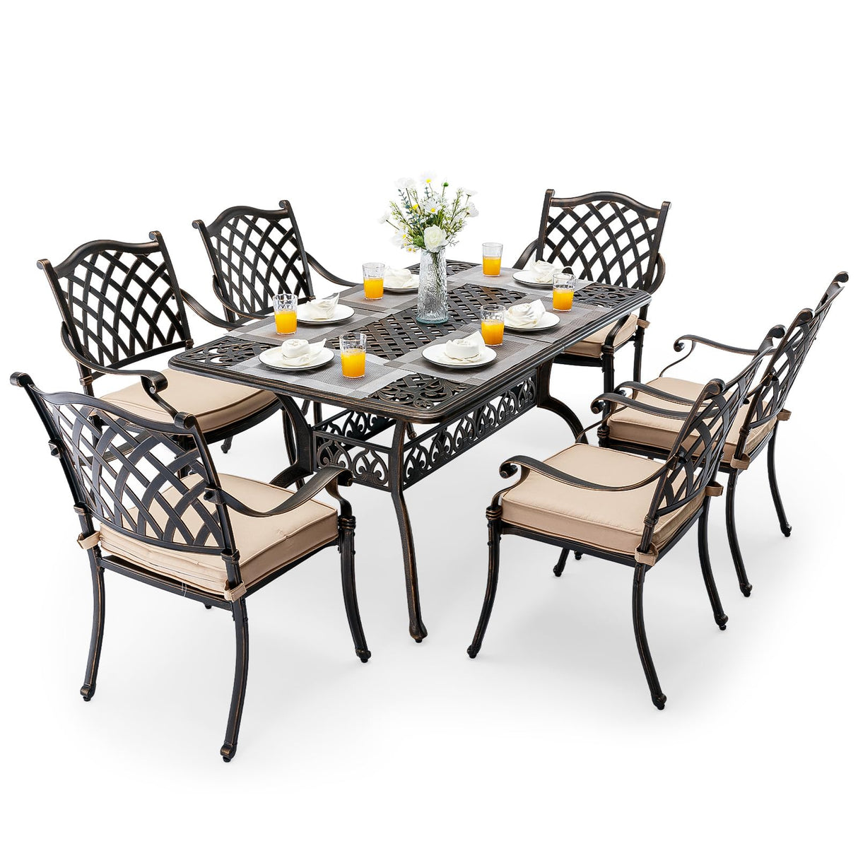 7 Piece Cast Aluminum Outdoor Dining Set Retro Patio Dining Set for 6 Includes 59ā Rectangular Table and 6 Chairs