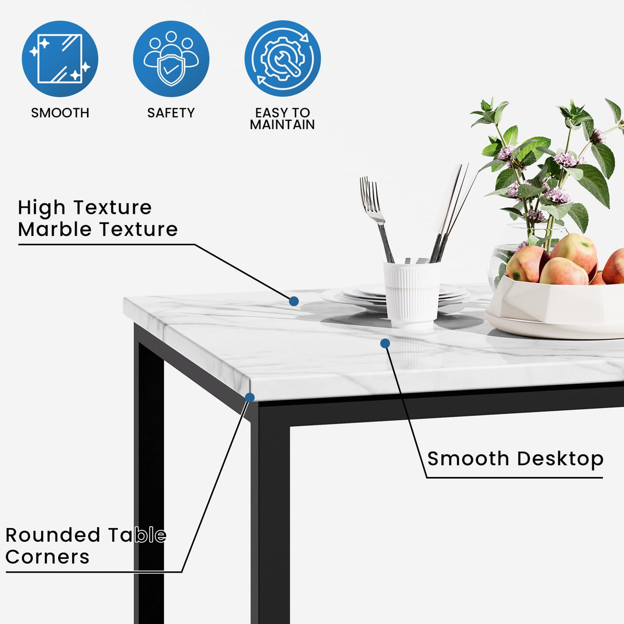 6-Piece Faux Marble Dining Table Set with Blue Velvet Chairs