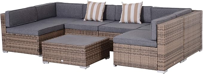 7-Piece Patio Furniture Set, Outdoor Wicker Conversation Set, All Weather PE Rattan Sectional Sofa Set with Cushions and Faux Wood Table, Stripe Pillows, Beige