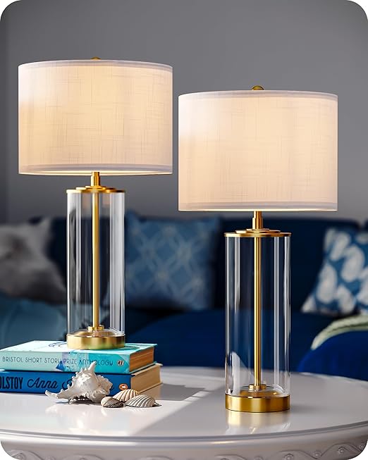 23.6" Glass Table Lamp Set of 2 - DIY Refillable Bedside Lamps with Linen Lampshade