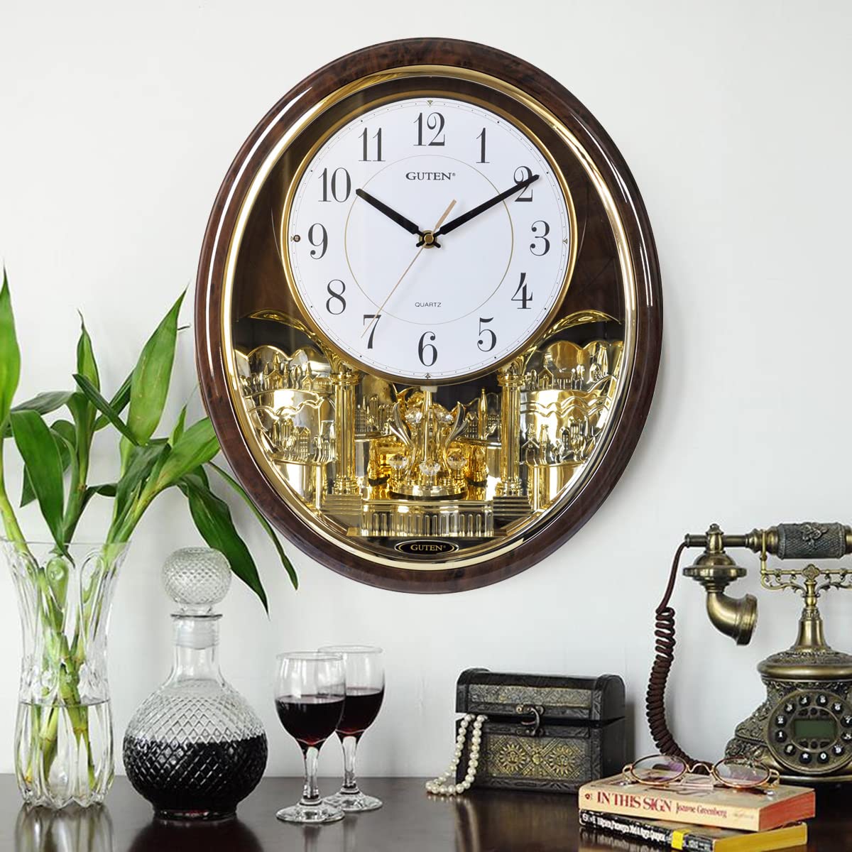 YUNTIMESS Melody & Chime Motion Wall Clock with Rotating Pendulum, Decorative Wall Clock, for Home, Hotel, Library or Church Decor.