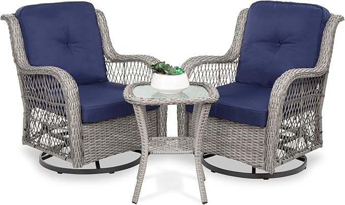 3-Piece Outdoor Wicker Patio Bistro Set w/ 2 360-Degree Swivel Rocking