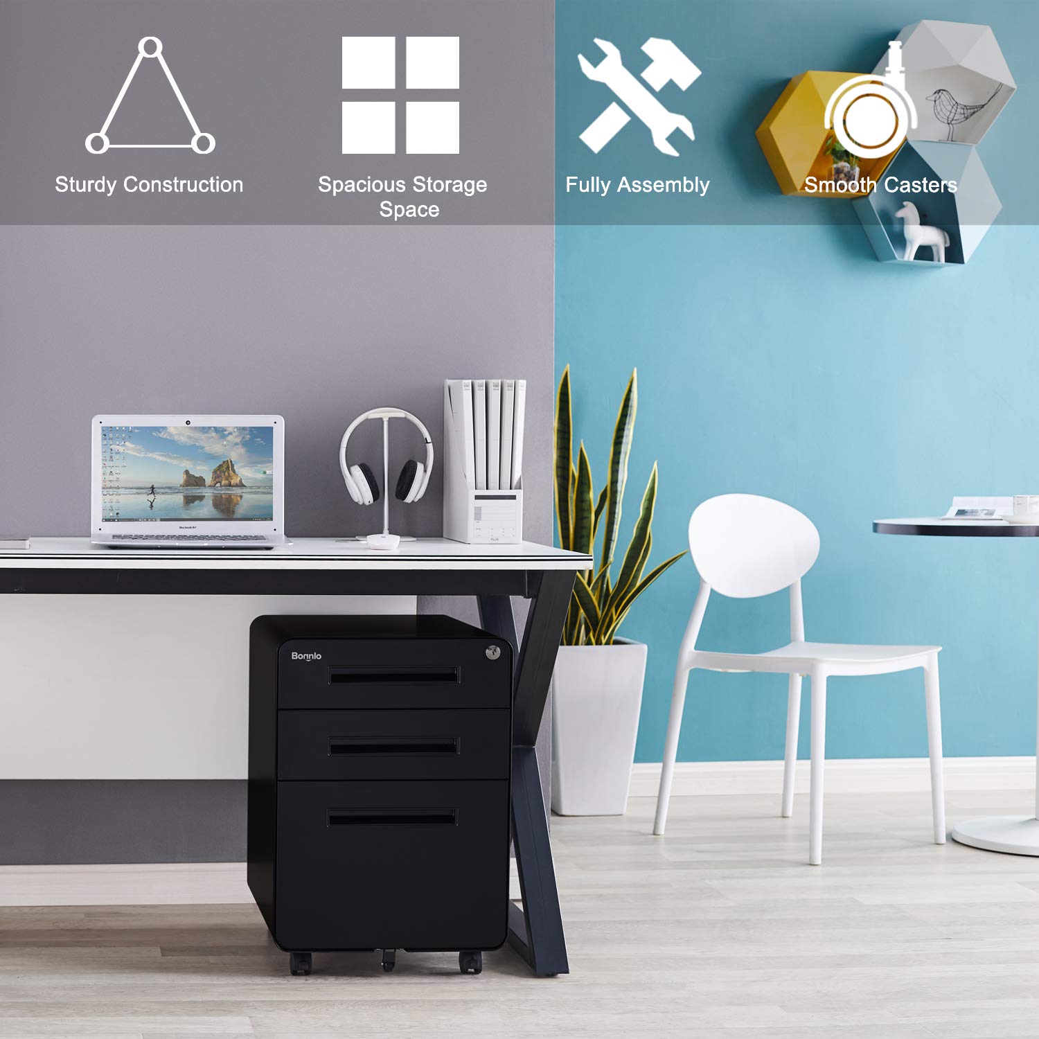 23.8" H 3 Drawer Rolling File Cabinet with Lock, Mobile File Cabinet Under Desk with Pencil Tray,