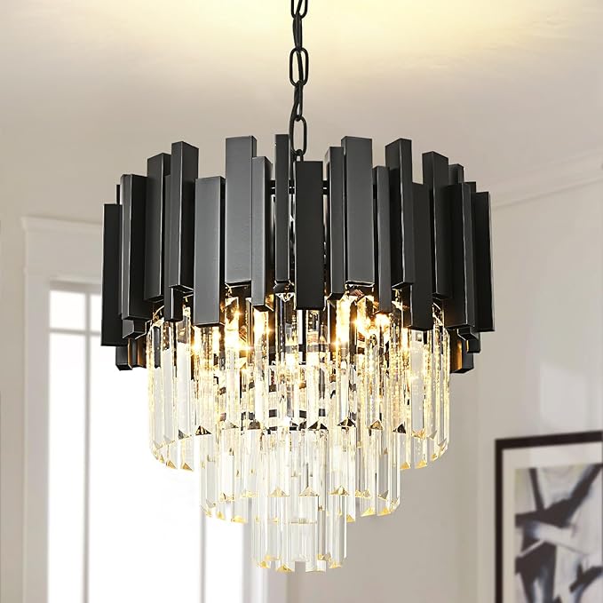Crystal Chandelier Black Pendant Light Fixtures, Round Crystal Pendant Lighting for Living