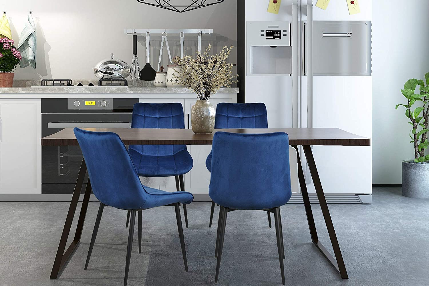 Navy Blue Dining Chairs Set of 4 Velvet Side Chairs for Dining Room with Metal Legs- No