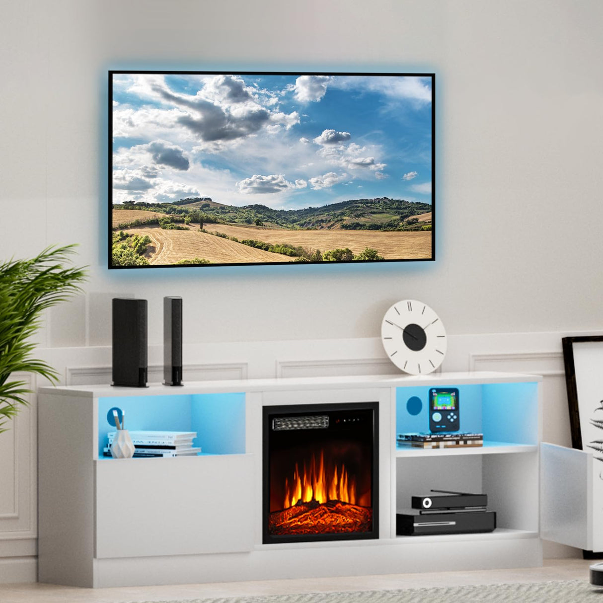 Fireplace TV Stand with 18" Electric Fireplace, LED Light Entertainment Center