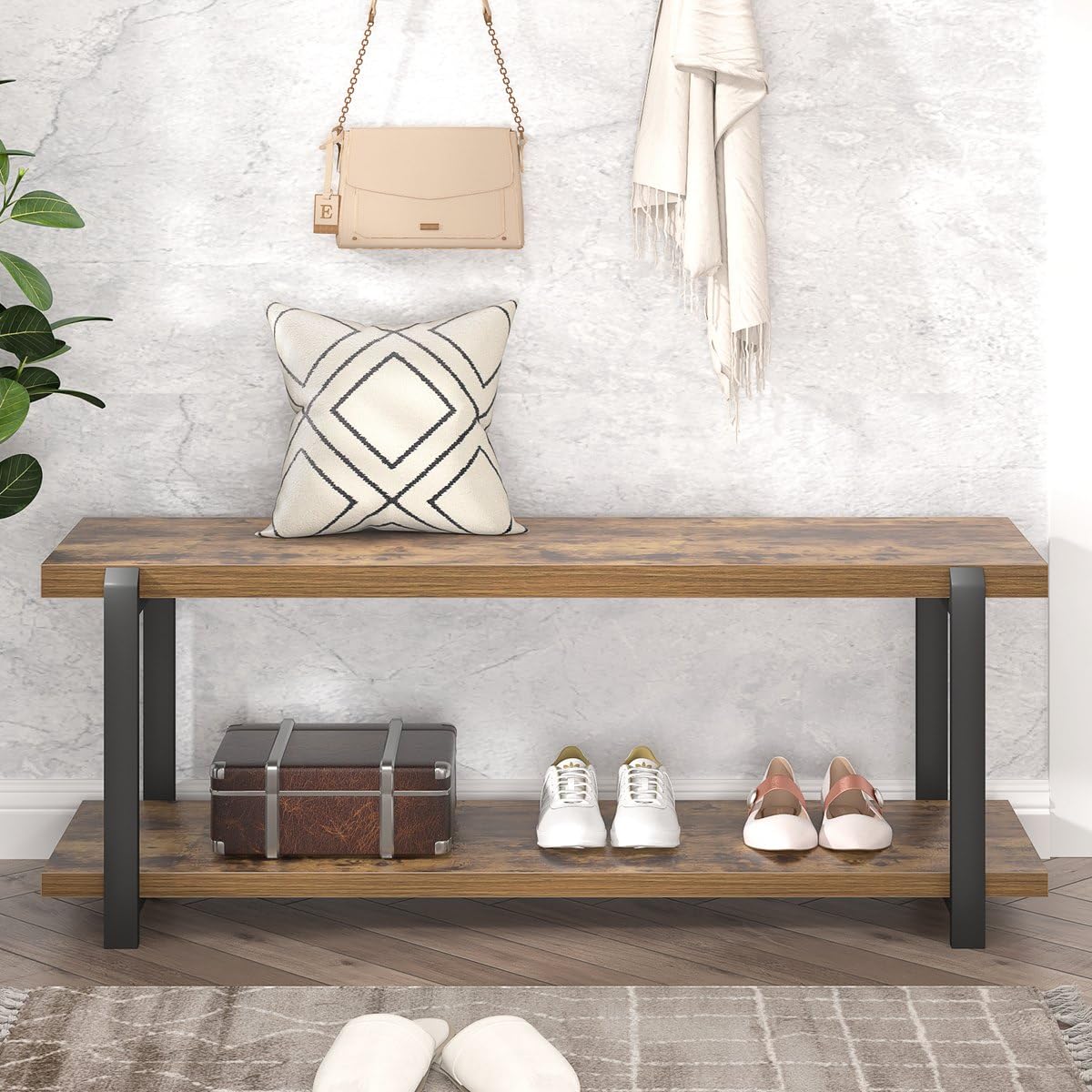 Entryway Bench, Industrial Shoe Storage Bench