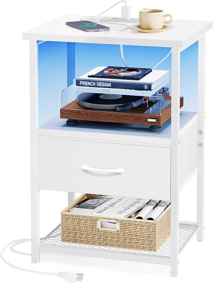 Night Stand Set of 2 with Charging Station, LED Nightstand