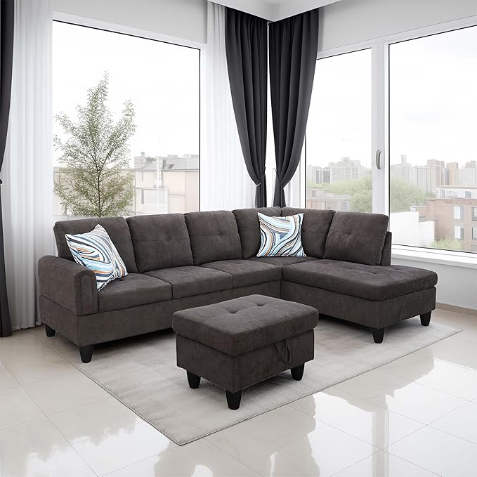 Linen L Shaped Sectional Couches with Storage Ottoman,3-Piece Living Room Sofa Set