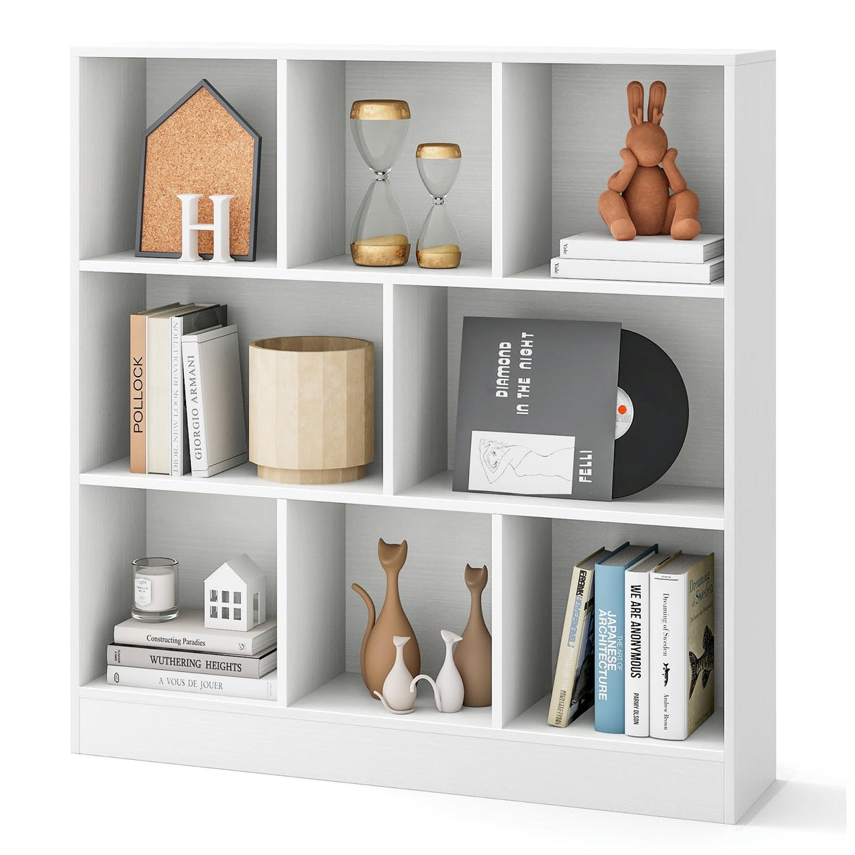 8-Cube Bookshelf, 39.5”L Floor Bookcase with 2 Anti-Tipping Kits, Freestanding Storage Organizer, 4-Tier Display Shelf for Home, Office & Dorms, Natural/White (White, 8-Cube)