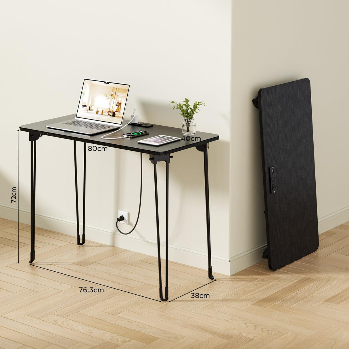 Folding Desk, 31.5" Hairpin Legs Small Desk with Power Strip for Bedroom
