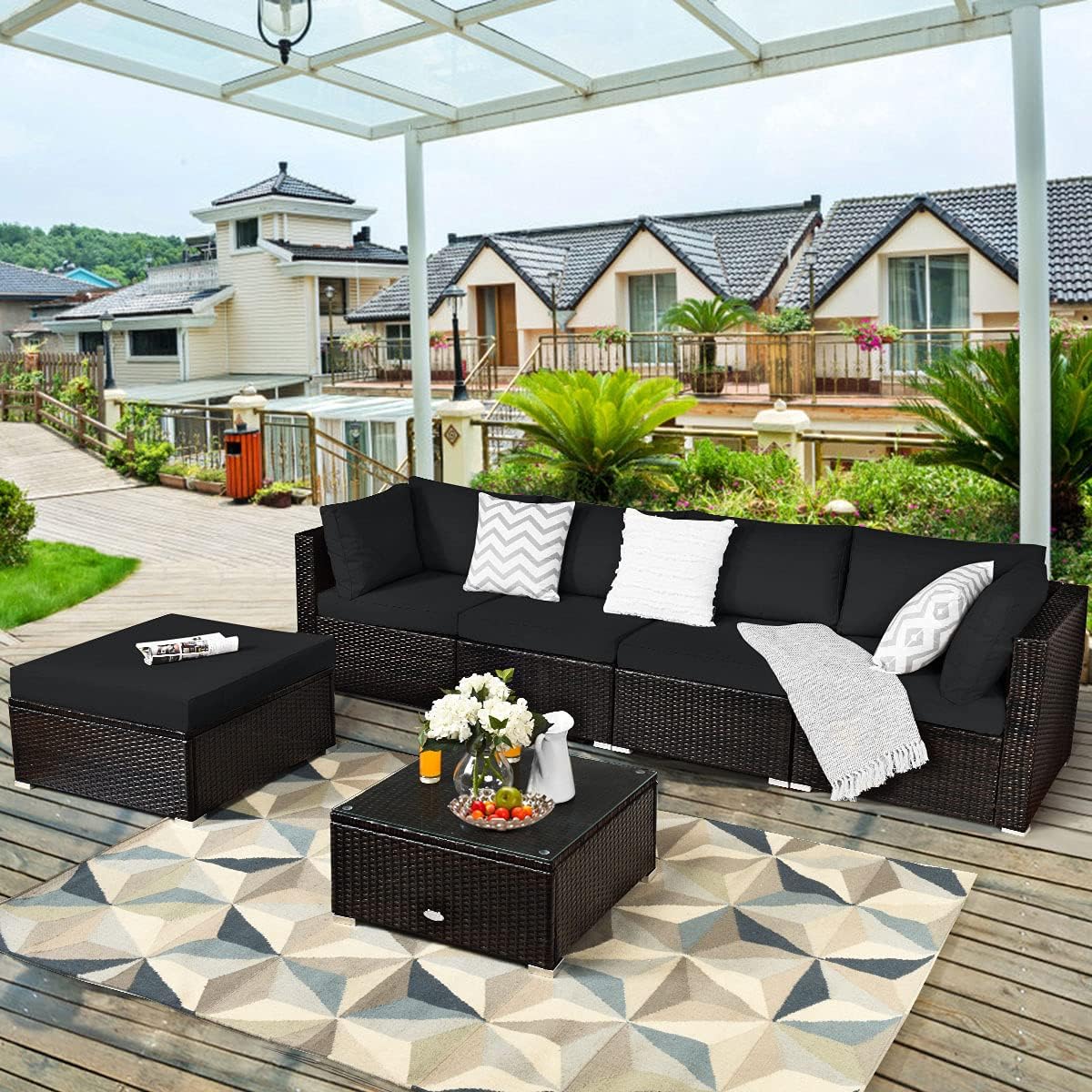 6 Piece Patio Furniture Set - Outdoor Sectional Sofa with Coffee Table