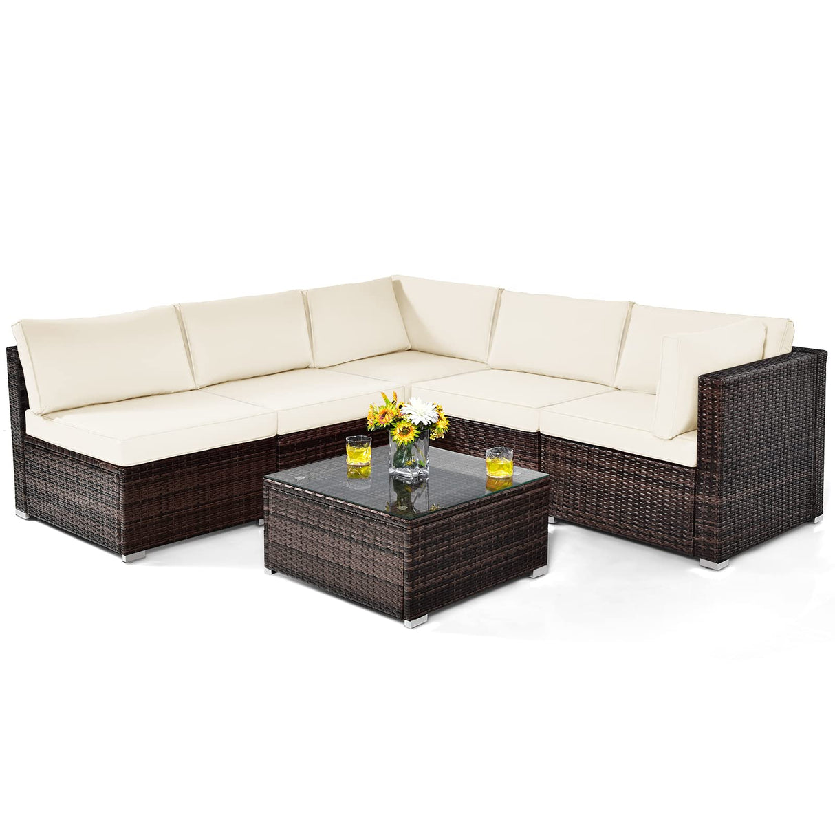6-Piece Outdoor Wicker Patio Furniture Conversation Set with Glass Coffee Table