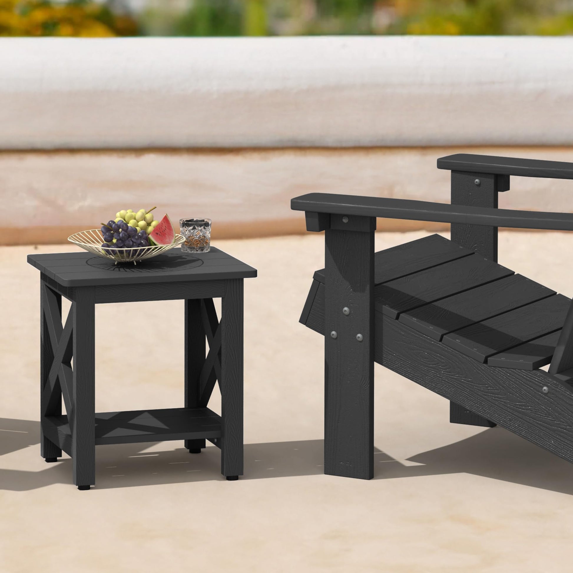 LUE BONA Small Outdoor Side Table, HDPS Adirondack Patio End Table with 2 Tier for Porch, Pool, Garden, Weather Resistant, Indoor or Outdoor Use, Black - Bircata