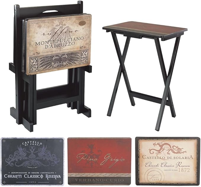Tuscan Label Vintage TV Tray Table Set – Set of 4 with Stand