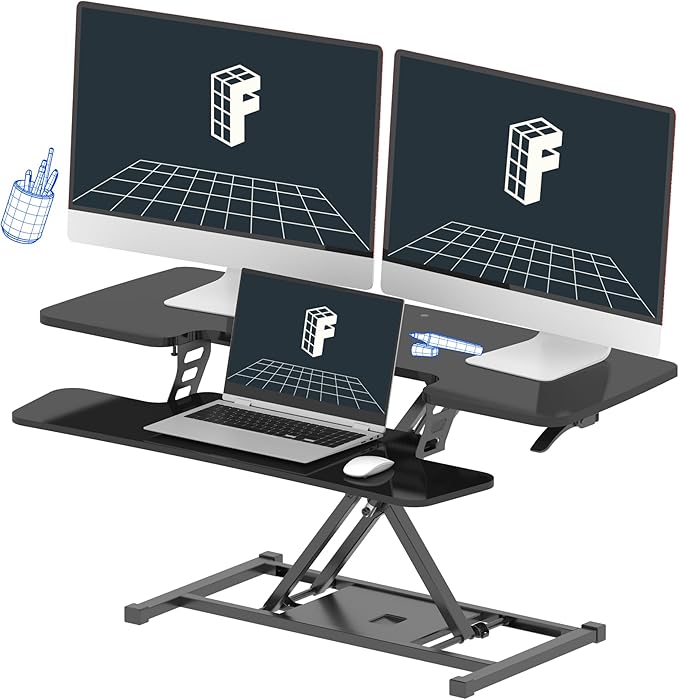 Standing Desk Converter 42 inch Spacious Sit to Stand up Dual Monitor and Laptop Desk Riser, Big Size Tabletop Workstation with Large Keyboard Tray, Black