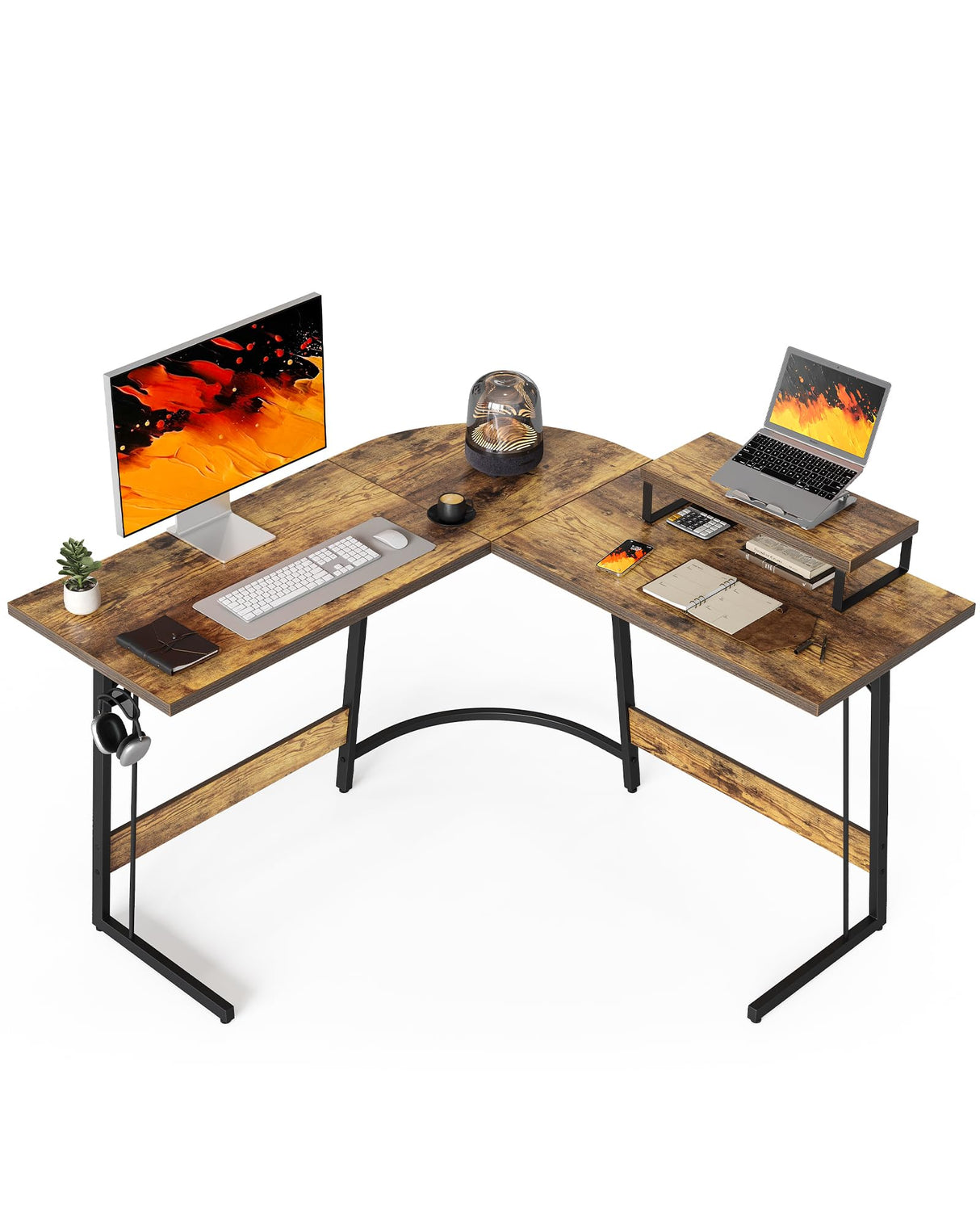 Shaped Gaming Desk Computer Office Desk, 47 inch Corner Desk with Large Monitor Stand for Home Office Study Writing Workstation, Rustic Brown