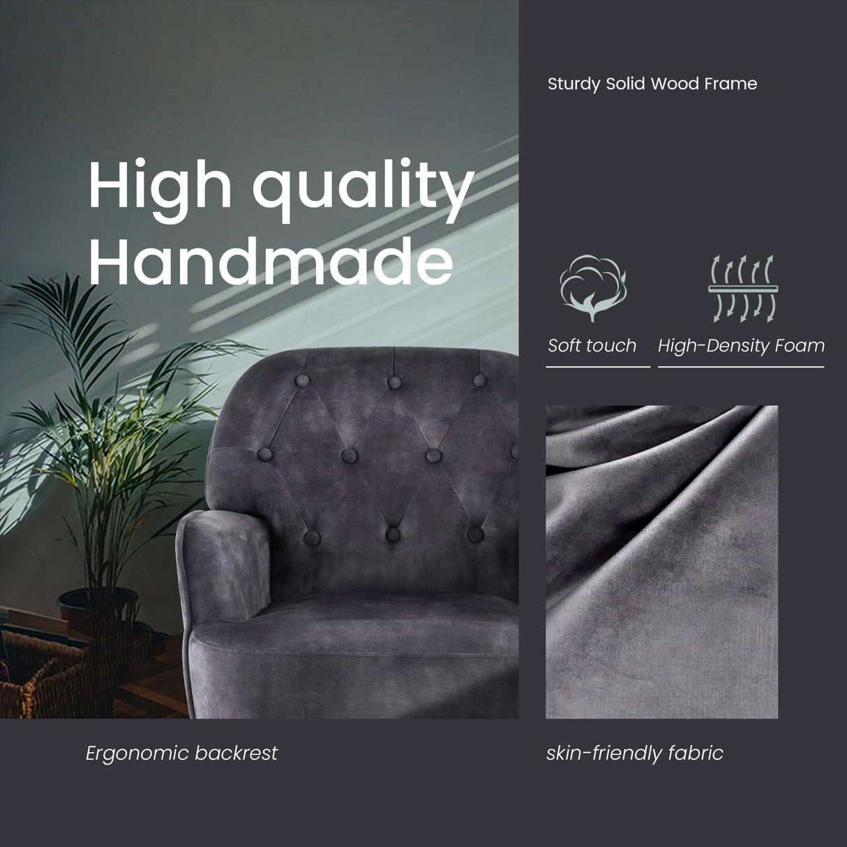 Accent Chair for Living Room, Button Velent Armchair, Single Sofa Chair with Arms