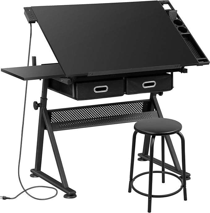 Tilting Drawing Desk with Stool | Adjustable Artist Table with Storage & Outlet