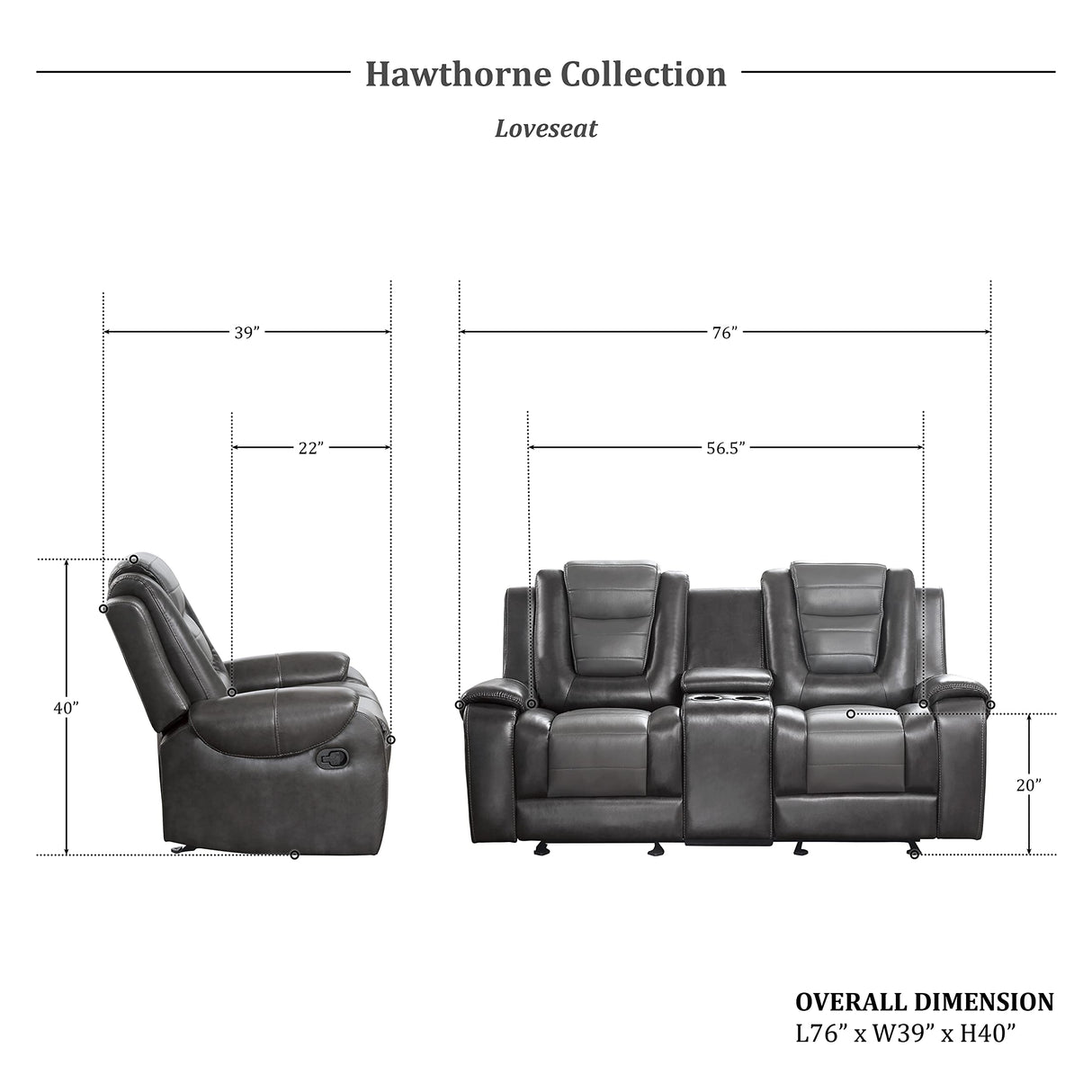 Manual Double Glider Reclining Loveseat, Two-Tone Gray