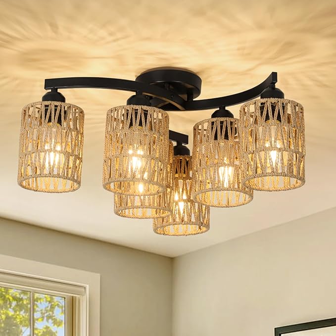 Gold Ceiling Light Fixture, Hand-Woven Rattan Flush Mount Ceiling Light, Bedroom