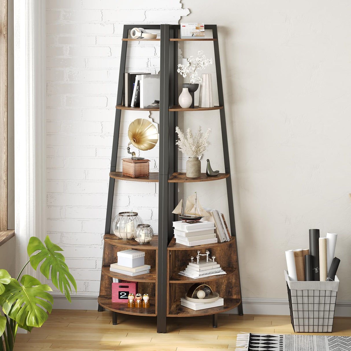 6-Tier Corner Shelf, 67 Inch Tall Corner Shelf Stand, Industrial Ladder Corner Bookshelf,