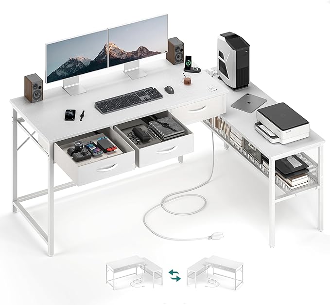 55" L Shaped Gaming Desk with Power Outlet, Reversible Computer Desk with Drawers, 40.5" Large Legroom Corner Gaming Desk, Unique Grid Design, Home Office Desks L-Shaped Gaming Table, Black