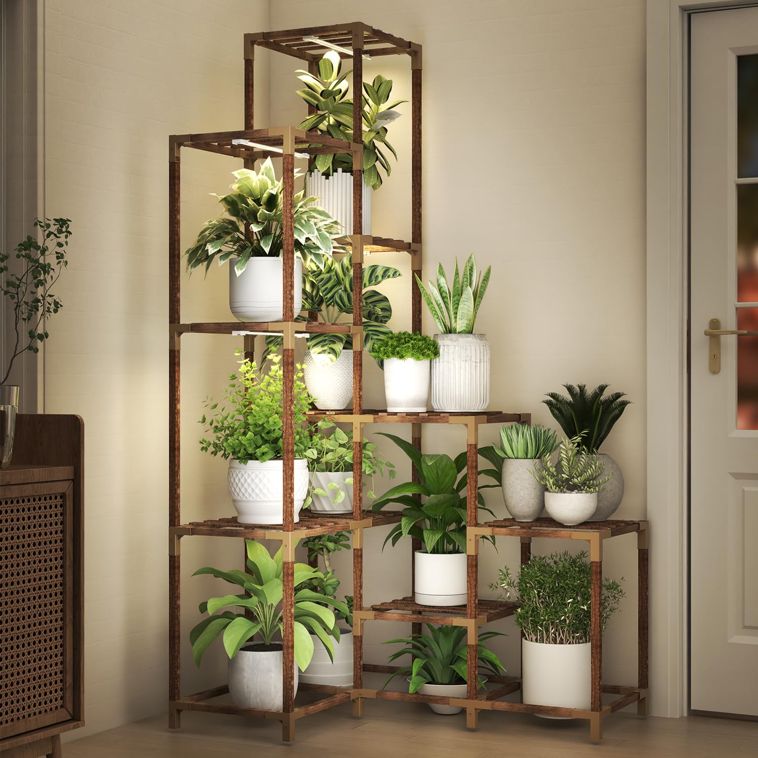 Corner Plant Stand with Grow Lights, 14 Tier Tall Plant Shelf Indoor Outdoor